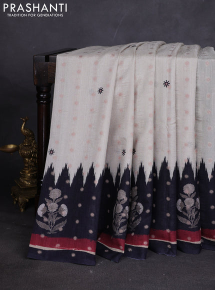 Matka tussar saree beige and black maroon with allover thread buttas & butta prints and long temple design printed border
