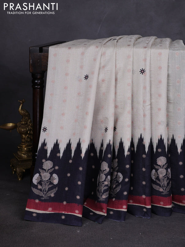 Matka tussar saree beige and black maroon with allover thread buttas & butta prints and long temple design printed border
