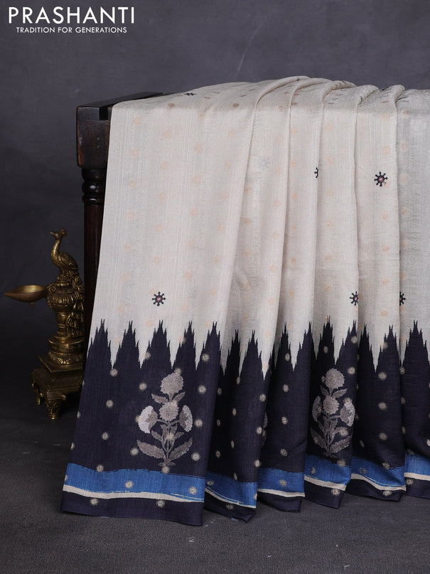 Matka tussar saree beige and black blue with allover thread buttas & butta prints and long temple design printed border