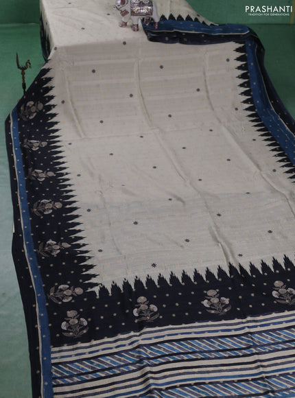 Matka tussar saree beige and black blue with allover thread buttas & butta prints and long temple design printed border