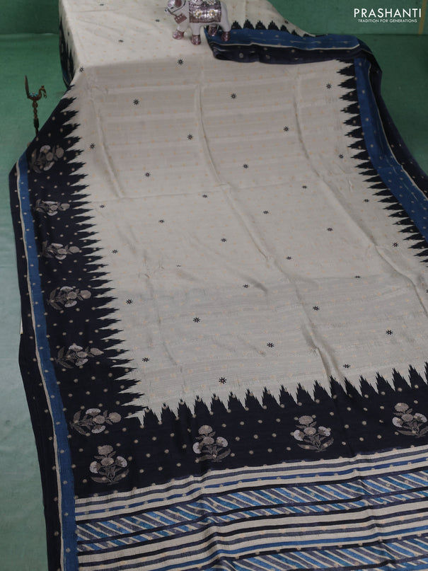 Matka tussar saree beige and black blue with allover thread buttas & butta prints and long temple design printed border
