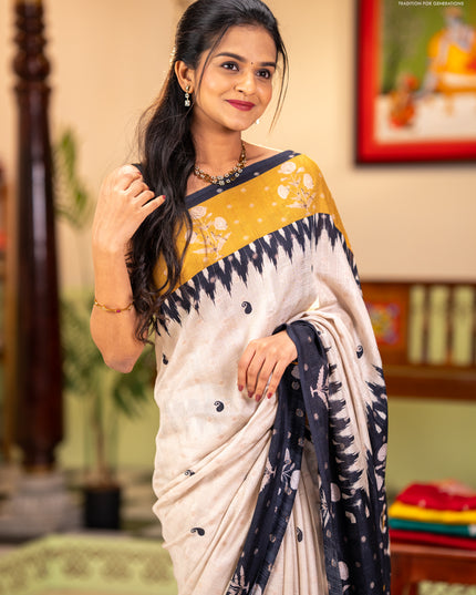 Matka tussar saree beige and black mustard yellow with allover thread buttas & butta prints and long temple design printed border
