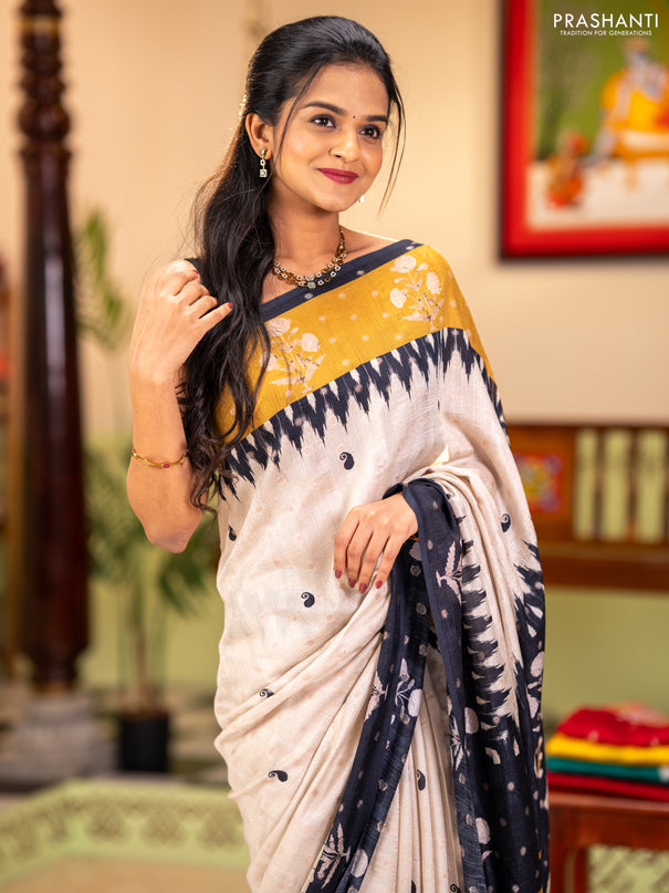 Matka tussar saree beige and black mustard yellow with allover thread buttas & butta prints and long temple design printed border