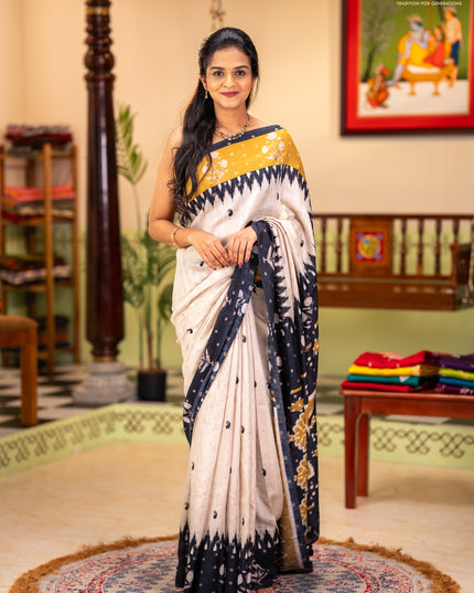 Matka tussar saree beige and black mustard yellow with allover thread buttas & butta prints and long temple design printed border