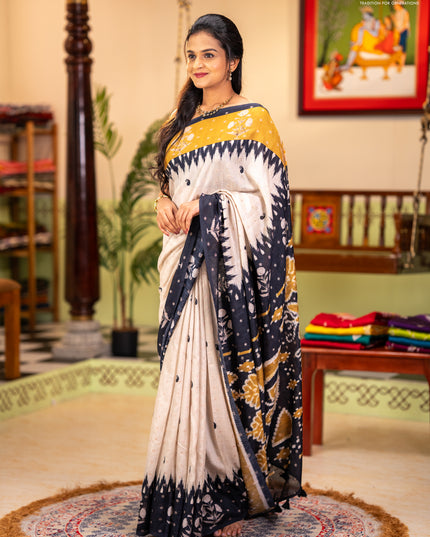 Matka tussar saree beige and black mustard yellow with allover thread buttas & butta prints and long temple design printed border