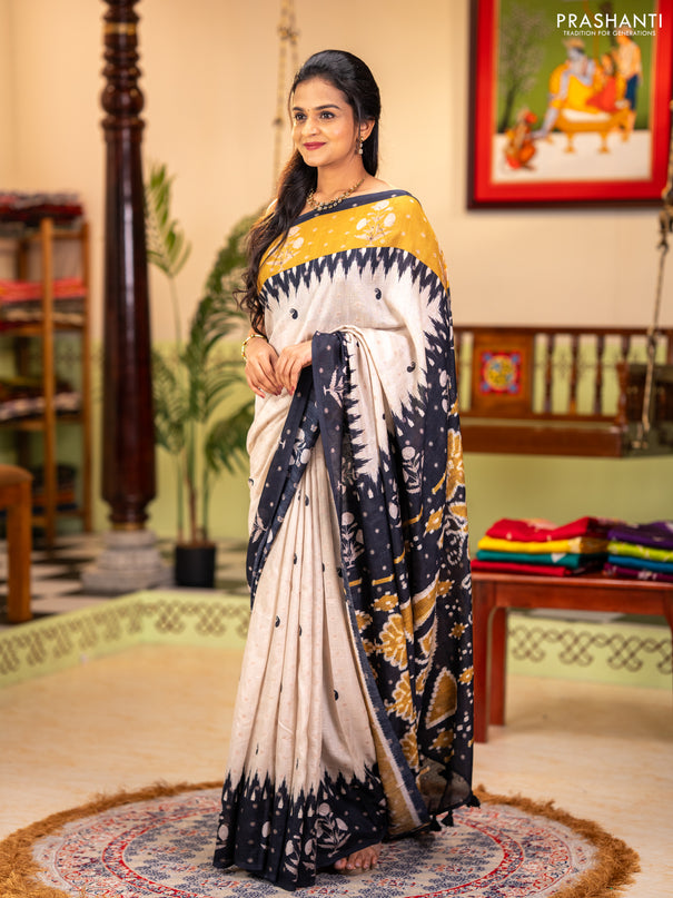 Matka tussar saree beige and black mustard yellow with allover thread buttas & butta prints and long temple design printed border