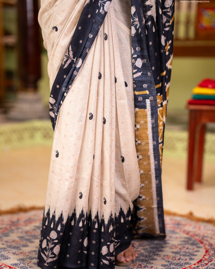 Matka tussar saree beige and black mustard yellow with allover thread buttas & butta prints and long temple design printed border