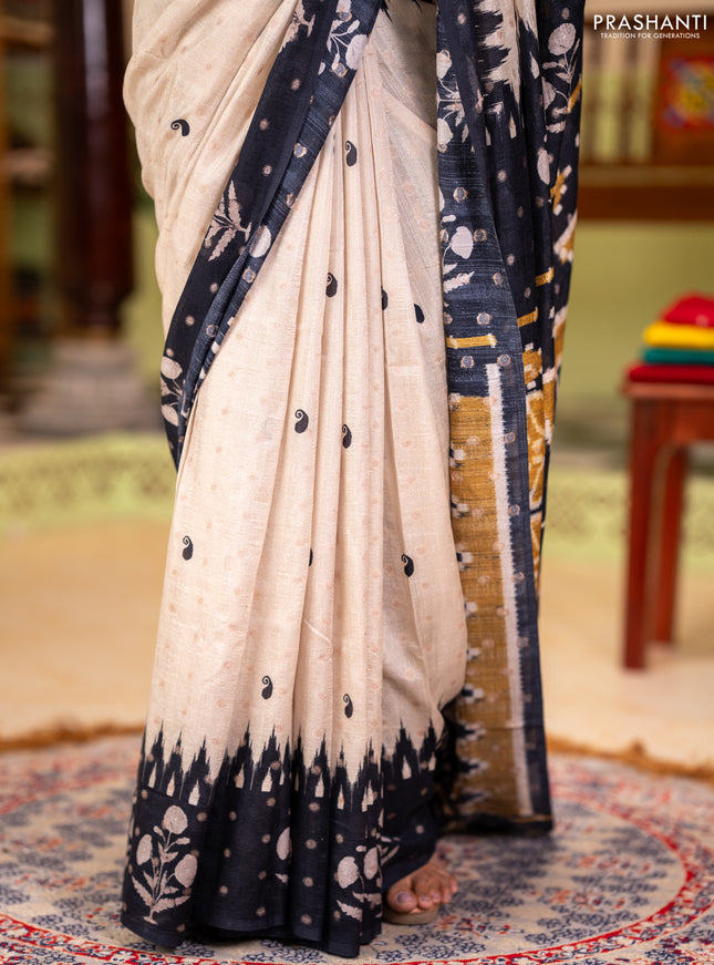Matka tussar saree beige and black mustard yellow with allover thread buttas & butta prints and long temple design printed border
