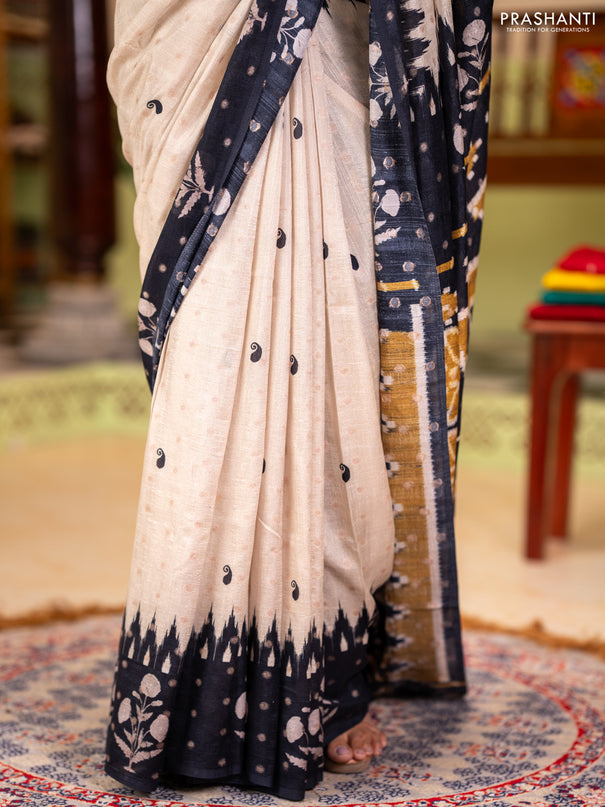Matka tussar saree beige and black mustard yellow with allover thread buttas & butta prints and long temple design printed border