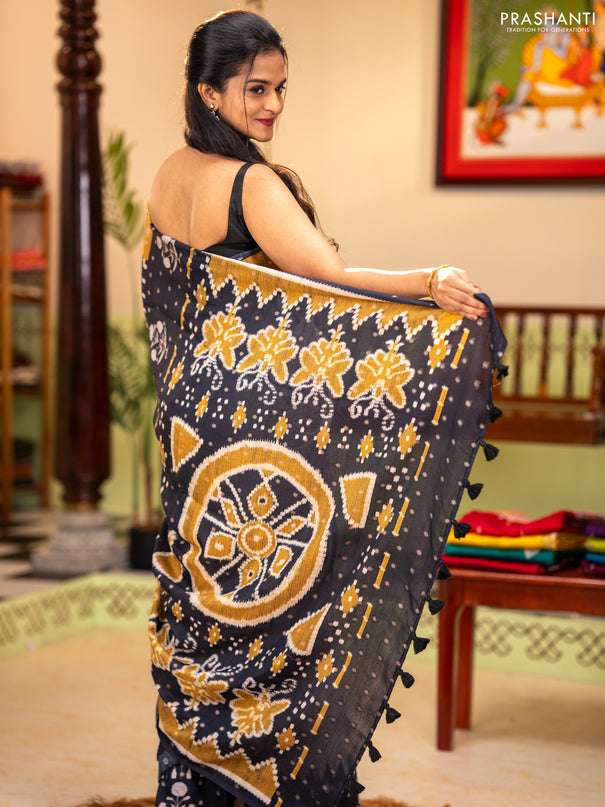 Matka tussar saree beige and black mustard yellow with allover thread buttas & butta prints and long temple design printed border