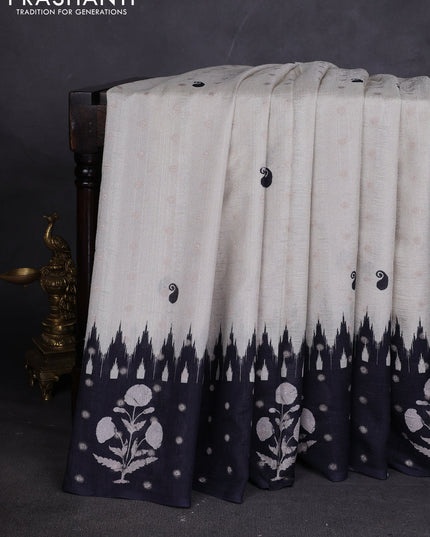 Matka tussar saree beige and black mustard yellow with allover thread buttas & butta prints and long temple design printed border
