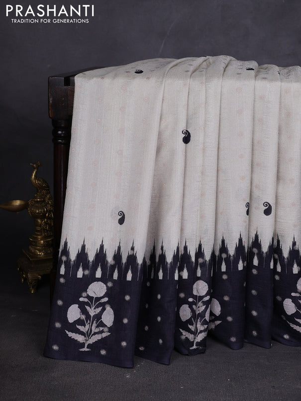 Matka tussar saree beige and black mustard yellow with allover thread buttas & butta prints and long temple design printed border