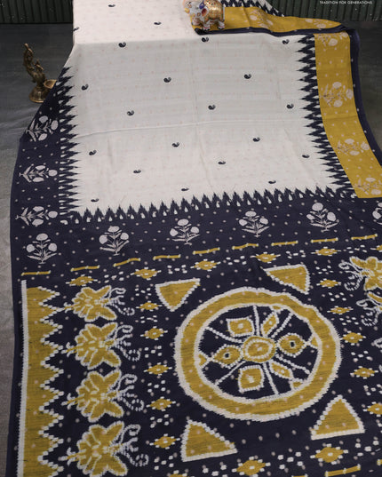 Matka tussar saree beige and black mustard yellow with allover thread buttas & butta prints and long temple design printed border