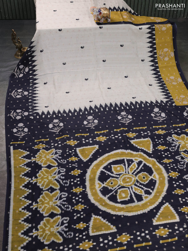 Matka tussar saree beige and black mustard yellow with allover thread buttas & butta prints and long temple design printed border