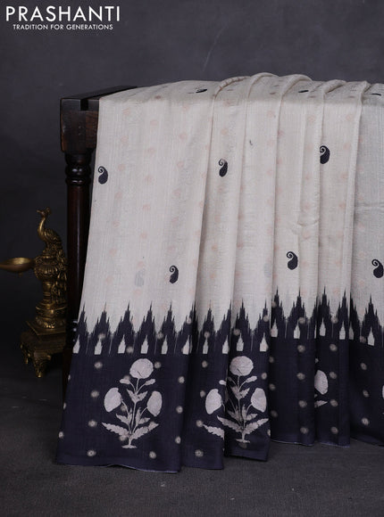 Matka tussar saree beige and black maroon with allover thread buttas & butta prints and long temple design printed border