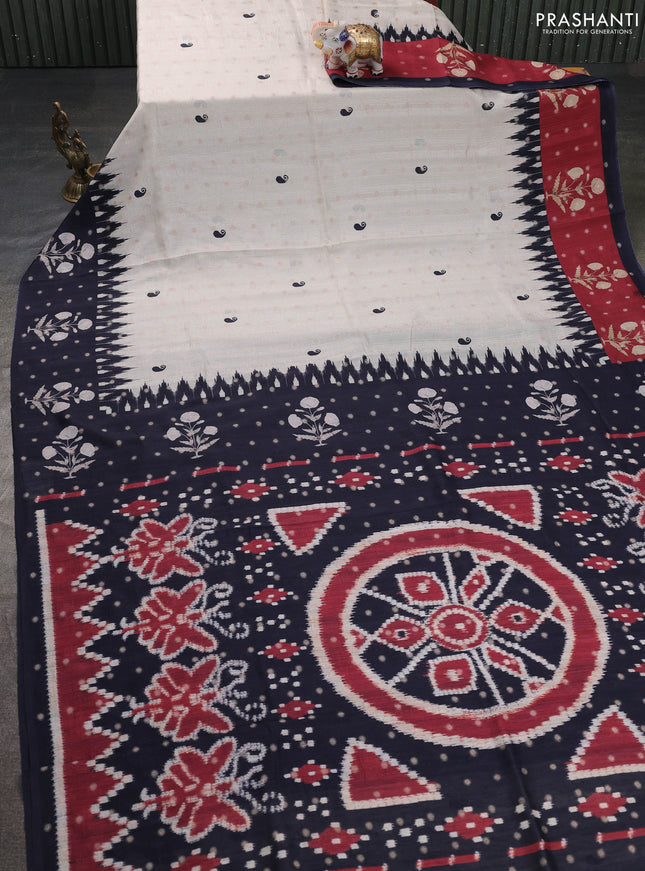Matka tussar saree beige and black maroon with allover thread buttas & butta prints and long temple design printed border