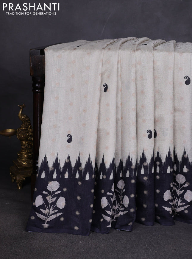 Matka tussar saree beige and black teal green with allover thread buttas & butta prints and long temple design printed border