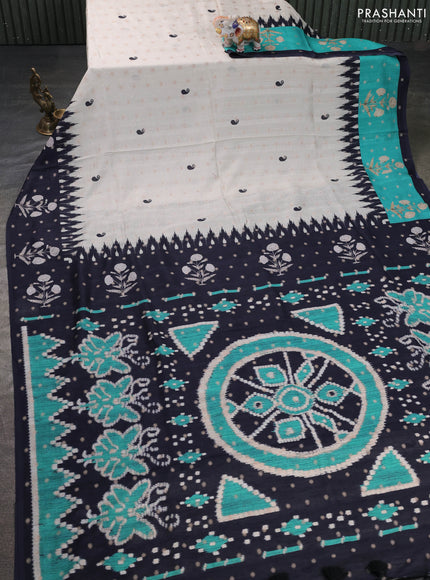Matka tussar saree beige and black teal green with allover thread buttas & butta prints and long temple design printed border
