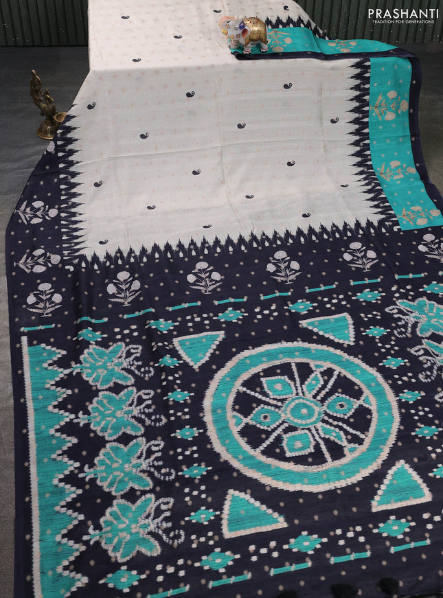 Matka tussar saree beige and black teal green with allover thread buttas & butta prints and long temple design printed border
