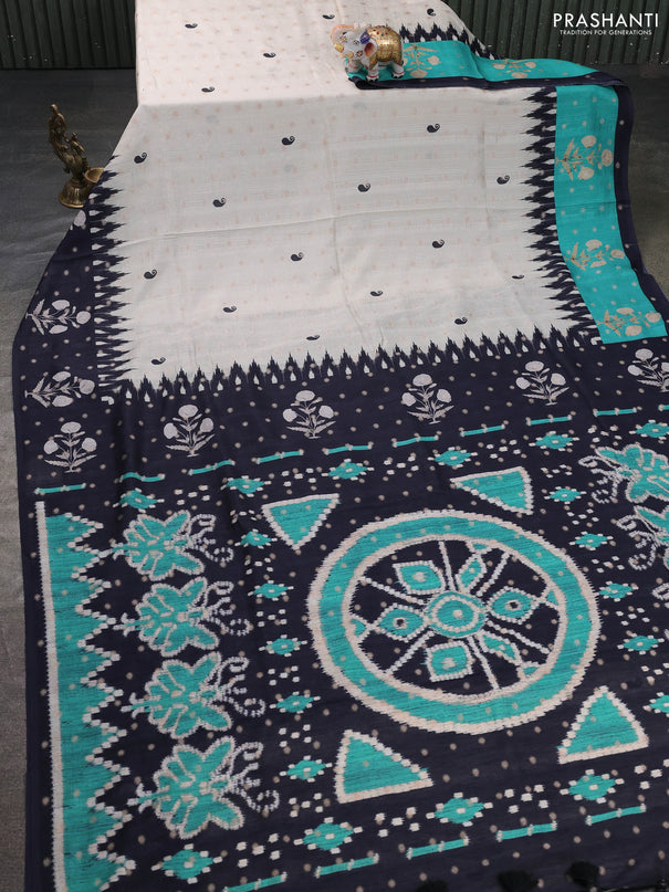 Matka tussar saree beige and black teal green with allover thread buttas & butta prints and long temple design printed border