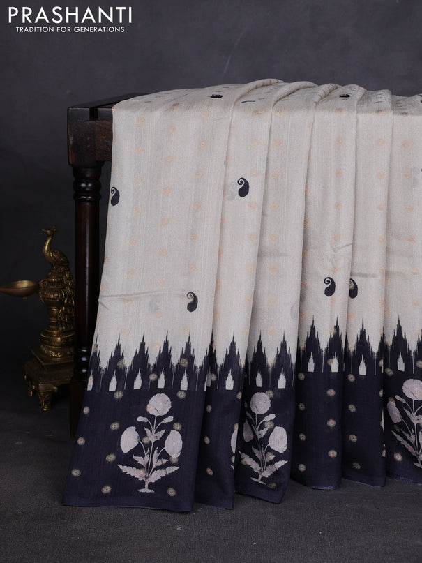 Matka tussar saree beige and purple shade with allover thread buttas & butta prints and long temple design printed border
