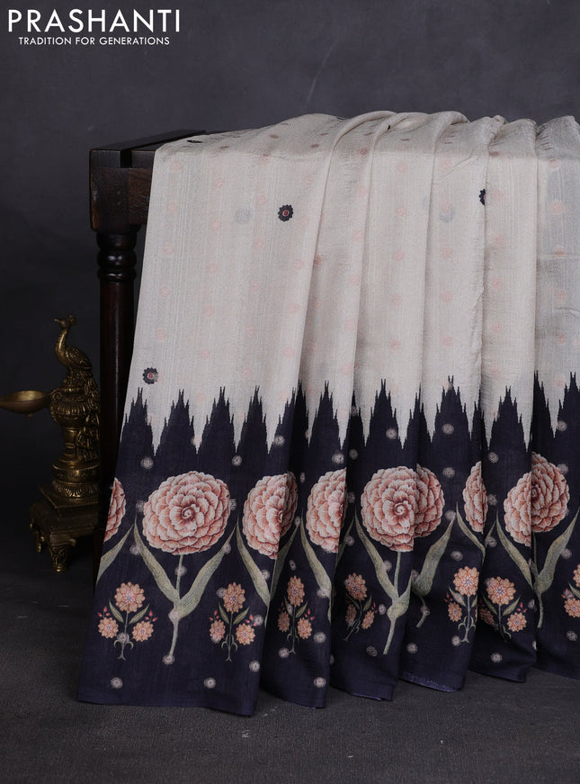 Matka tussar saree beige and blue with allover thread buttas & butta prints and long temple design printed border