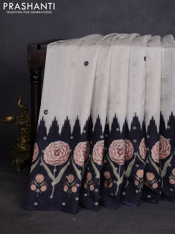 Matka tussar saree beige and blue with allover thread buttas & butta prints and long temple design printed border