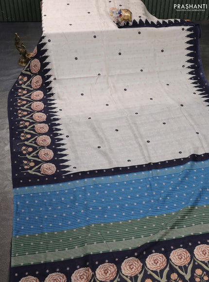 Matka tussar saree beige and blue with allover thread buttas & butta prints and long temple design printed border
