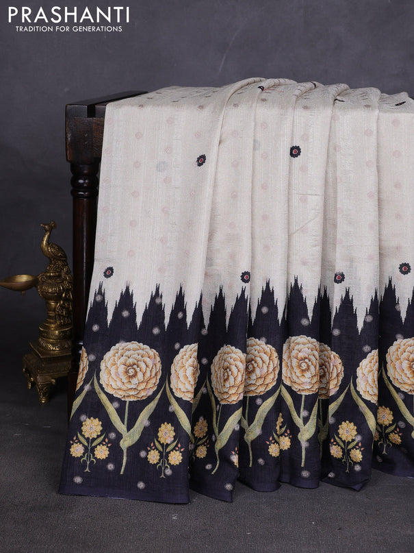 Matka tussar saree beige and yellow with allover thread buttas & butta prints and long temple design printed border