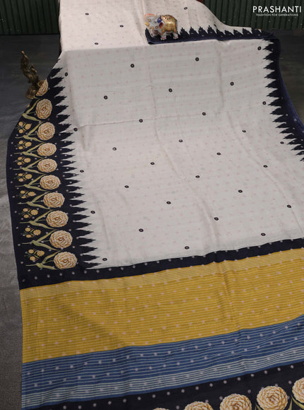 Matka tussar saree beige and yellow with allover thread buttas & butta prints and long temple design printed border