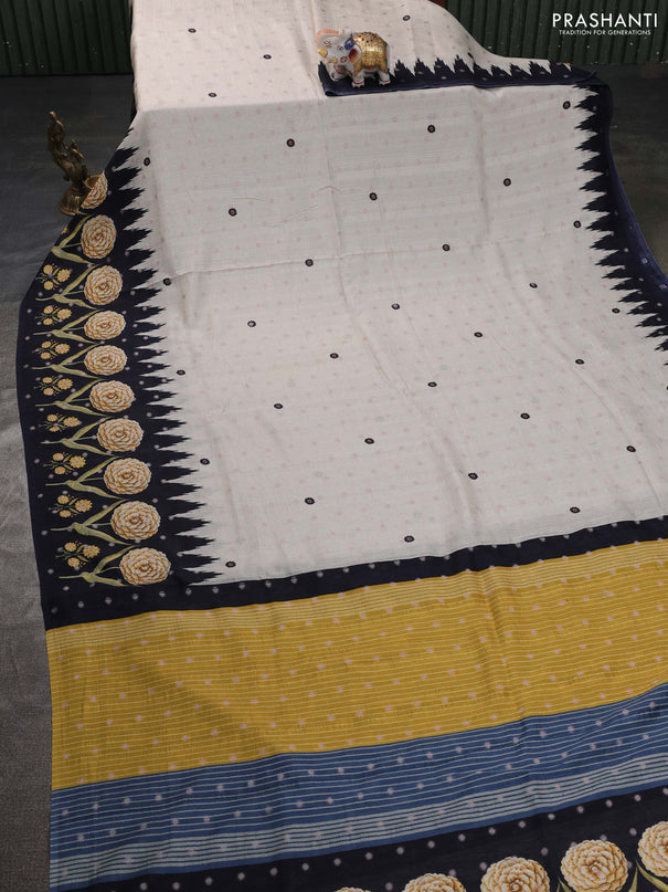 Matka tussar saree beige and yellow with allover thread buttas & butta prints and long temple design printed border