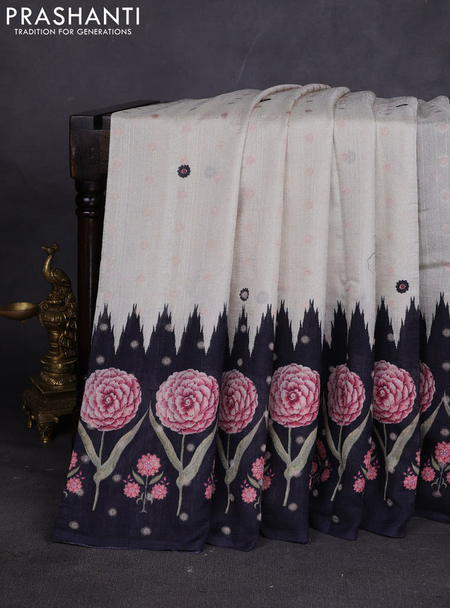 Matka tussar saree beige and teal green with allover thread buttas & butta prints and long temple design printed border