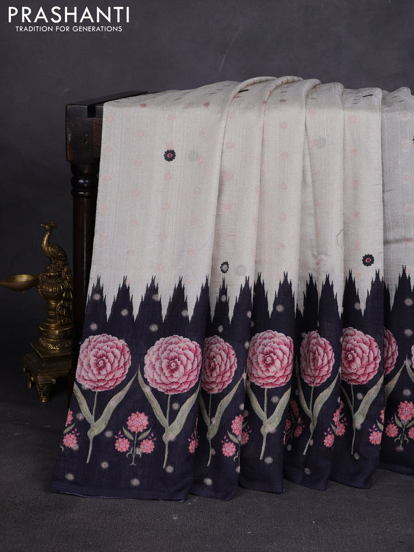 Matka tussar saree beige and teal green with allover thread buttas & butta prints and long temple design printed border