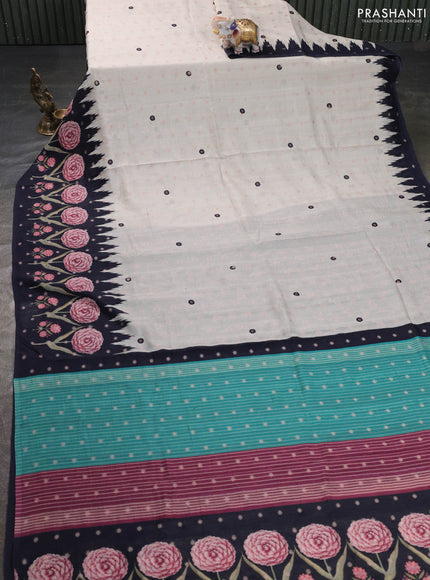 Matka tussar saree beige and teal green with allover thread buttas & butta prints and long temple design printed border