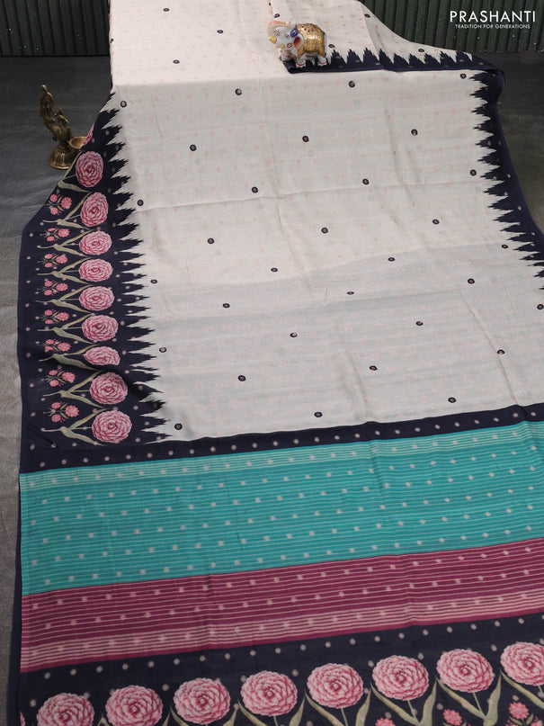 Matka tussar saree beige and teal green with allover thread buttas & butta prints and long temple design printed border