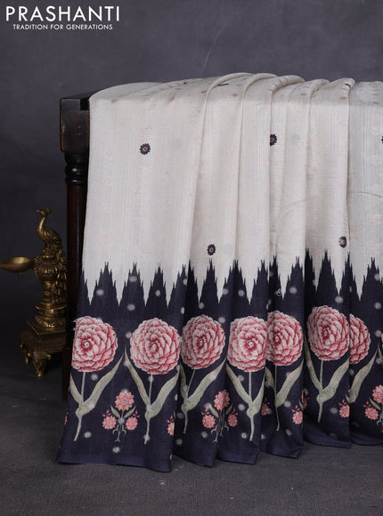 Matka tussar saree beige and deep maroon with allover thread buttas & butta prints and long temple design printed border