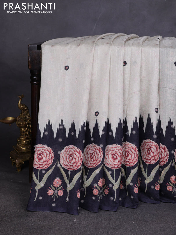 Matka tussar saree beige and deep maroon with allover thread buttas & butta prints and long temple design printed border