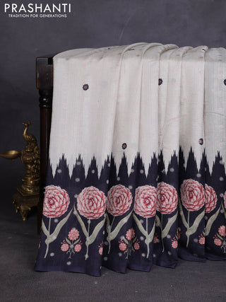 Matka tussar saree beige and deep maroon with allover thread buttas & butta prints and long temple design printed border
