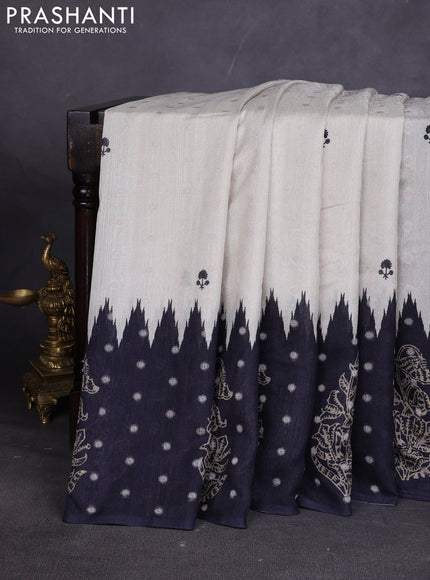 Matka tussar saree beige and maroon with allover thread buttas & butta prints and long temple design printed border