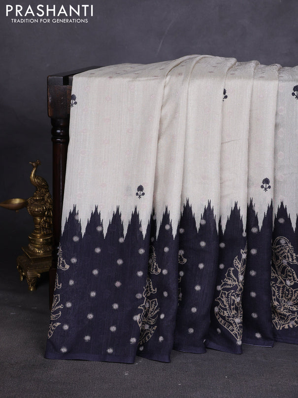 Matka tussar saree beige and maroon with allover thread buttas & butta prints and long temple design printed border