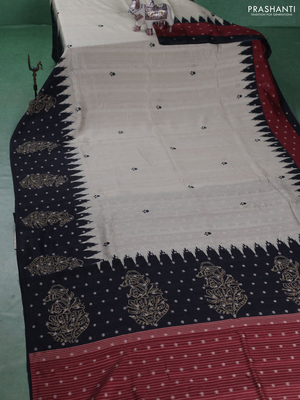 Matka tussar saree beige and maroon with allover thread buttas & butta prints and long temple design printed border