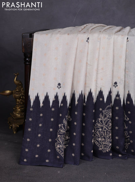 Matka tussar saree beige and black yellow with allover thread buttas & butta prints and long temple design printed border