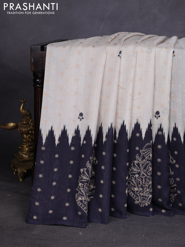 Matka tussar saree beige and black yellow with allover thread buttas & butta prints and long temple design printed border