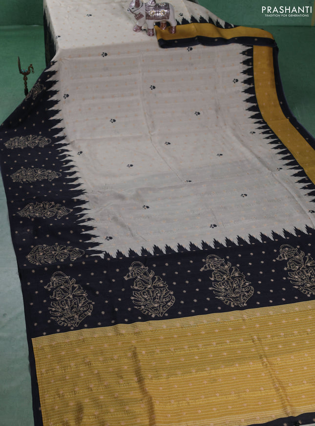 Matka tussar saree beige and black yellow with allover thread buttas & butta prints and long temple design printed border