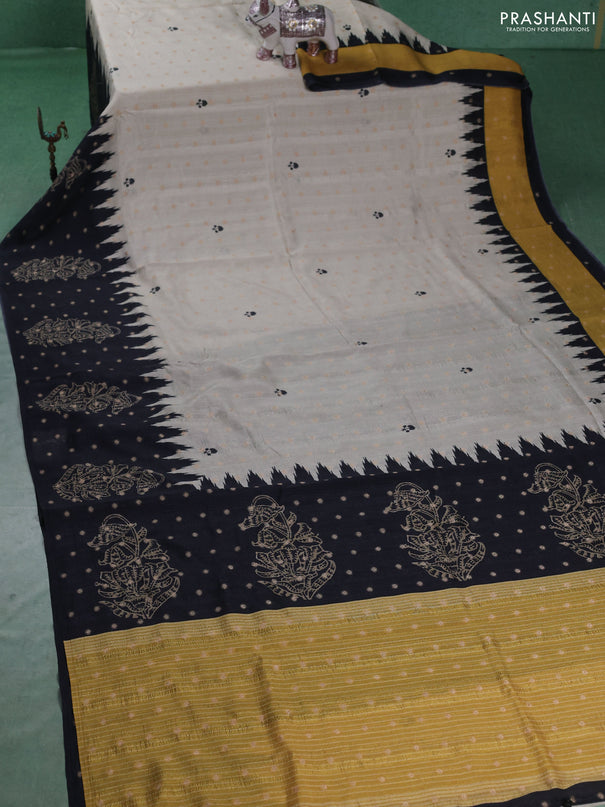 Matka tussar saree beige and black yellow with allover thread buttas & butta prints and long temple design printed border