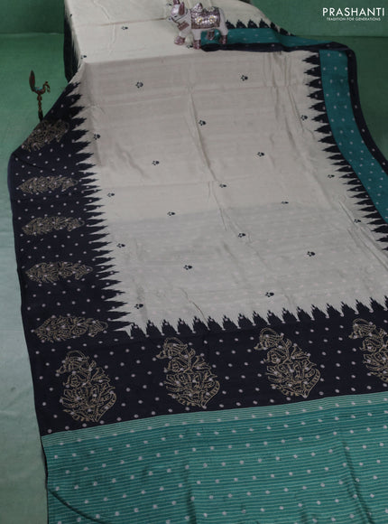 Matka tussar saree beige and black teal green with allover thread buttas & butta prints and long temple design printed border
