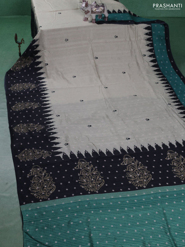 Matka tussar saree beige and black teal green with allover thread buttas & butta prints and long temple design printed border