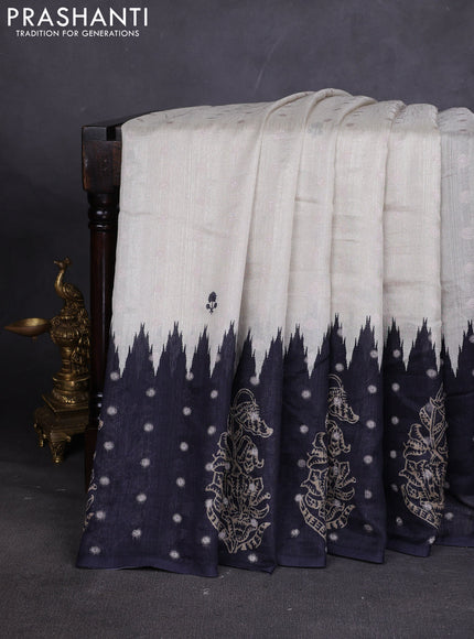 Matka tussar saree beige and black dark pink with allover thread buttas & butta prints and long temple design printed border