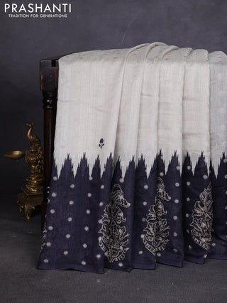 Matka tussar saree beige and black dark pink with allover thread buttas & butta prints and long temple design printed border