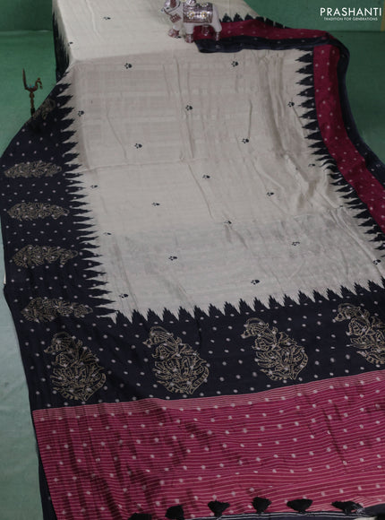 Matka tussar saree beige and black dark pink with allover thread buttas & butta prints and long temple design printed border